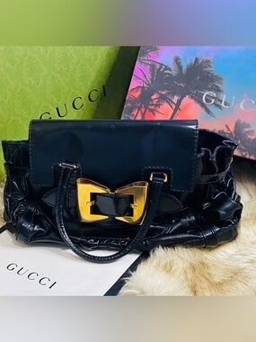 Gucci Black Patent Leather Bag with Gold Bow Buckle w Cert of Authenticity